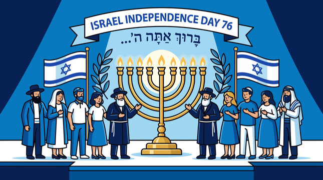Jewish Menorah Blessing at Israel Independence Day Vector Illustration