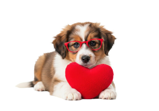 An adorable multi-colored fluffy puppy holding a red heart pillow on a transparent studio background. Concept of unconditional love and companionship