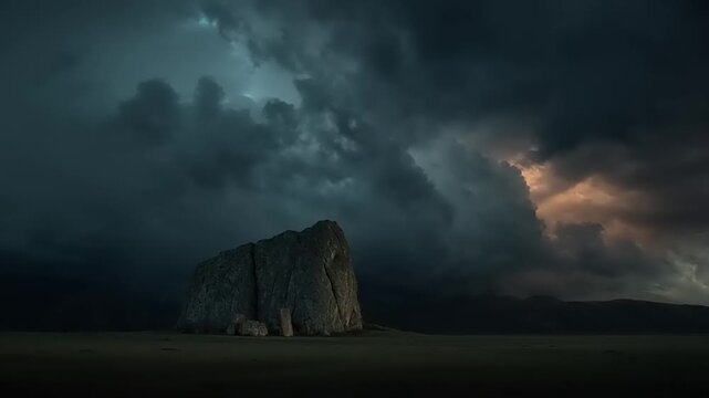 Single large monolith stands alone in the center of an expansive dark field beneath a dramatic and moody thunderstorm.