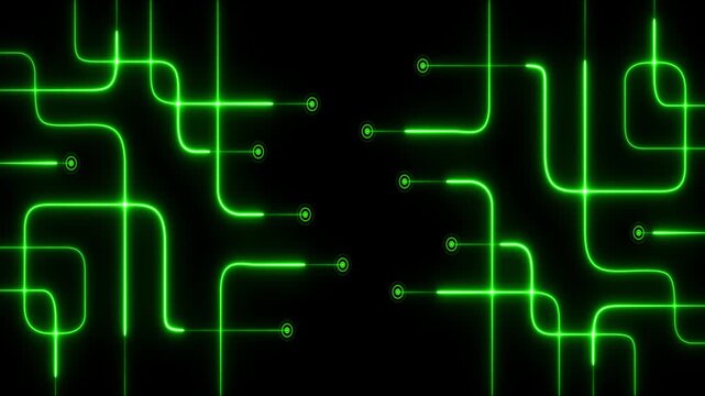 Digital circuit board pattern with glowing green neon lines and circular nodes on a solid black background representing connectivity