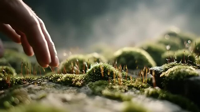 Fingertips gently touch the vibrant green moss growing on a textured stone surface in the forest.