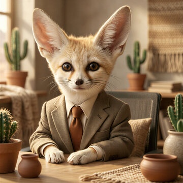 Professional photorealistic portrait of a fennec fox in a beige business suit sitting at a desert-inspired minimalist office desk with cactus and blurred warm background