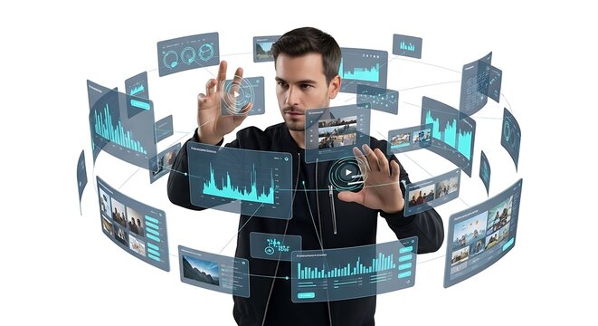 Man interacting with virtual technology screens.