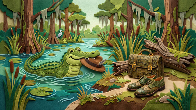 A humorous felt illustration of a smiling alligator in a swamp holding a man&rsquo;s hat in its mouth, looking at alligator skin shoes and a briefcase on the bank. Humorous depiction of revenge.