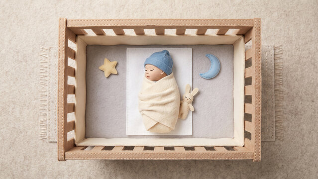 A handcrafted felt illustration of a sleeping baby swaddled in a crib, wearing a blue hat, accompanied by a felt star, moon, and bunny.