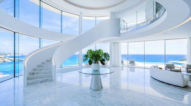 Modern luxury villa interior with a grand spiral staircase and panoramic ocean views.