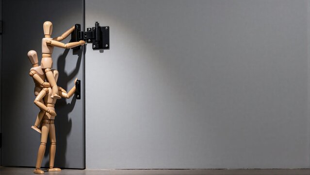 Wooden figures stacked, struggling to open a heavy door.