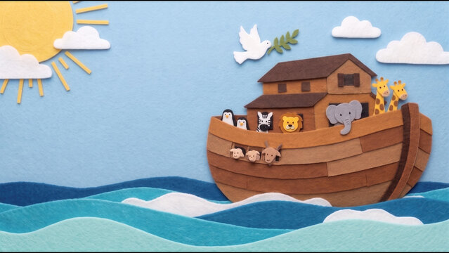 A layered felt illustration of Noah's ark on blue waves. The wooden boat carries animals like an elephant, lion, and giraffes. A dove with an olive branch flies under a yellow sun.