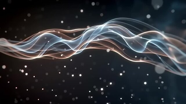 Light waves move across a dark void filled with glowing particles and soft ambient energy.