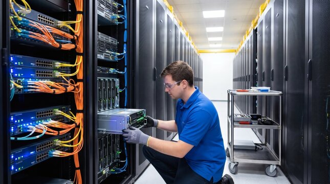 IT technician installing server hardware in a modern data center facility.