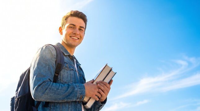 Young man holding textbooks outdoors under sunny blue sky with textbooks outside backpack holding smiling young denim jacket education learning