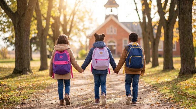 Three children walking to school on a tree lined path with towards school building children holding hands walking away camera friendship backpacks