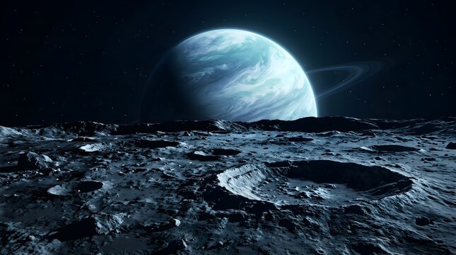 View of a ringed gas giant from a cratered moon surface