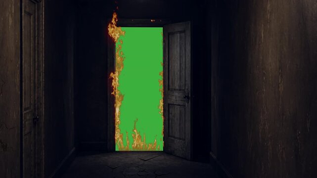 Doorway on fire green screen