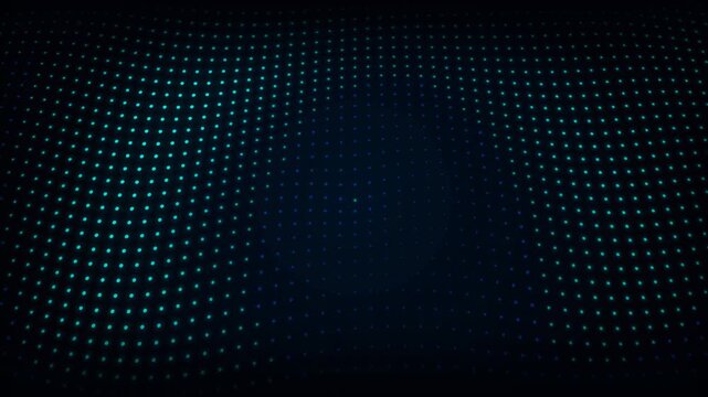 Abstract grid of glowing teal and blue dots oscillating in dark space, cinematic 3D motion, concept for digital networking, data visualization and ai