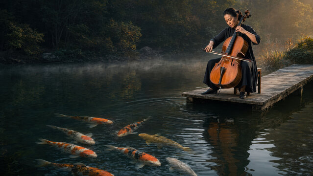 Koi Fish Gather Around a Cellist Playing Beside a Tranquil Garden Pond, Symbolizing the Emotional Connection Between Music, Animals and Nature