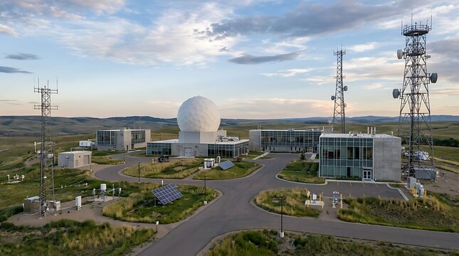 Cutting-edge communication and observation facility, featuring a prominent white radome and multiple antenna towers, situated amidst an expansive rural landscape