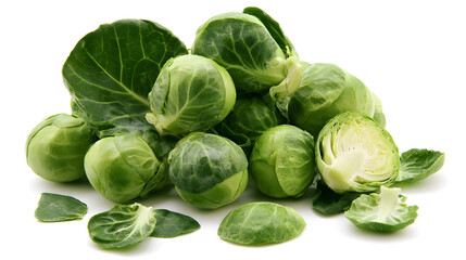Fototapeta premium A clean white background sets the scene for fresh raw Brussels sprouts and scattered cabbage leaves