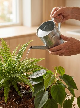 Close up of hands watering a potted fern and philodendron plant with a metal watering can indoors