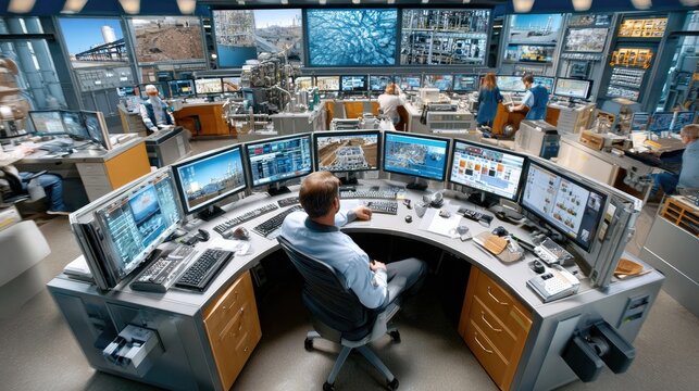 Control Room Operations: A man sits at a large desk in a modern control room filled with multiple computer monitors displaying various data and live feeds, overseeing complex operations.