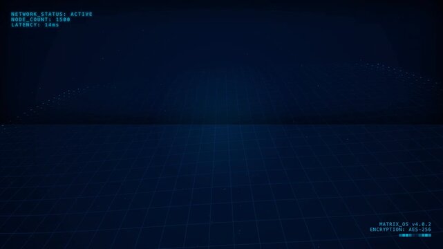 Abstract 3D digital grid with glowing nodes and data overlays, suitable for cybersecurity presentations, software interface design and tech marketing