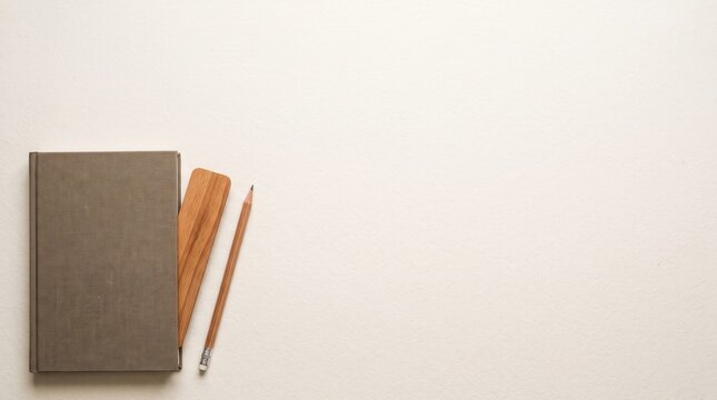 Minimalist composition of a textile hardcover book with a wooden pencil and bookmark on an off-white surface, ideal for education, branding, and website hero header backgrounds