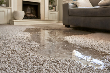 Obraz premium Living room carpet dampened by water damage near the fireplace