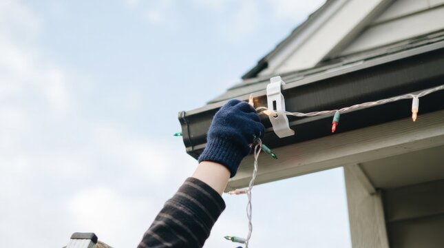 Person hanging Christmas lights on house roof gutter outdoors during winter holidays season preparation