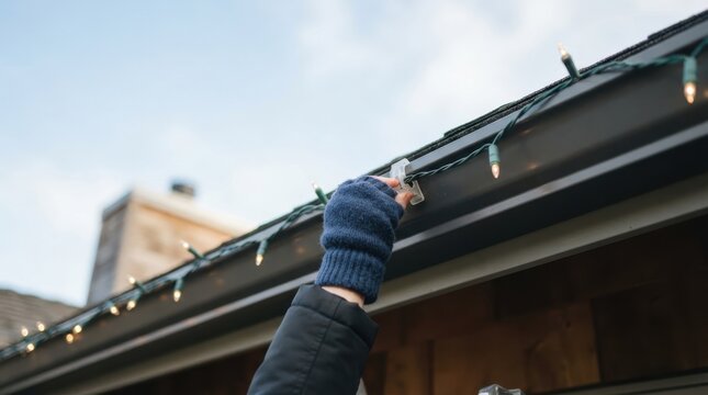 Person hanging Christmas string lights on house gutter with clips for winter holiday decoration