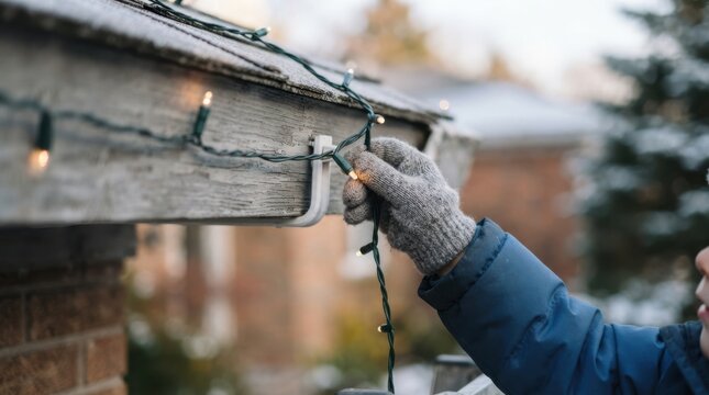 Young boy in winter jacket and gloves hanging Christmas lights on house roof gutter outdoors