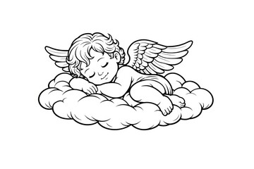 Fototapeta premium Sleeping angel with wings resting on soft clouds