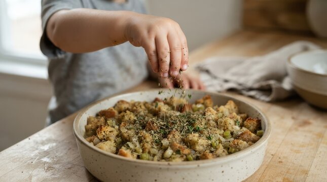Child seasoning homemade stuffing in a baking dish in a kitchen
