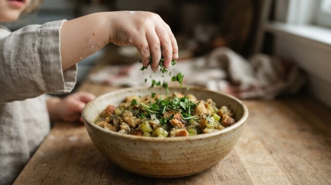 Toddler hands sprinkling fresh green herbs over a rustic bowl of homemade stuffing on a wooden kitchen counter