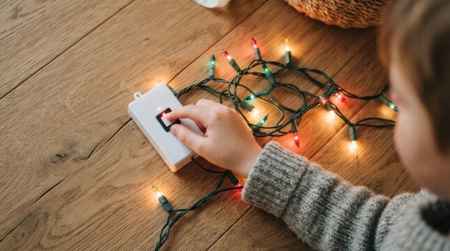 Young caucasian boy turning on battery pack for colorful christmas fairy lights on wooden floor