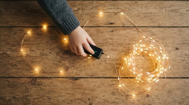 Child hands holding battery box of glowing fairy lights on rustic wooden table for cozy home decor