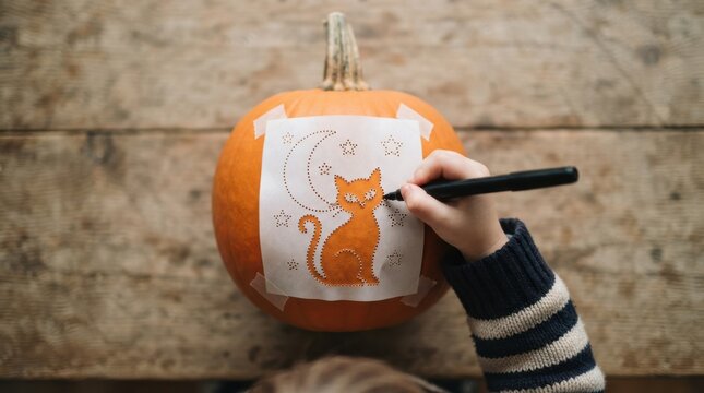 Child carving halloween pumpkin with cat template at wooden table