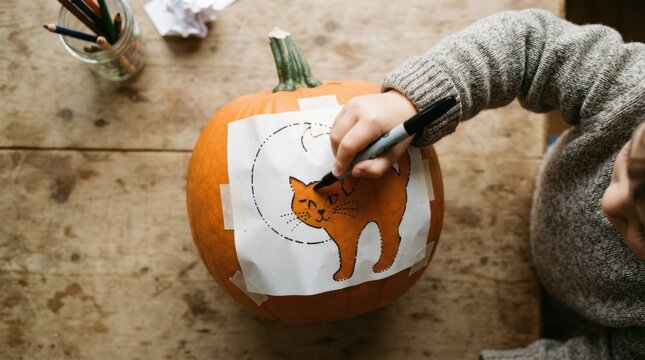 Child boy decorating a pumpkin with a marker for Halloween carving crafts