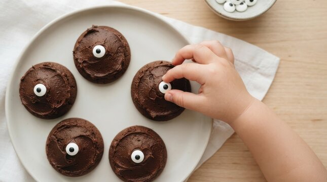 Toddler decorating spooky chocolate monster cookies with candy eyes for Halloween baking activity