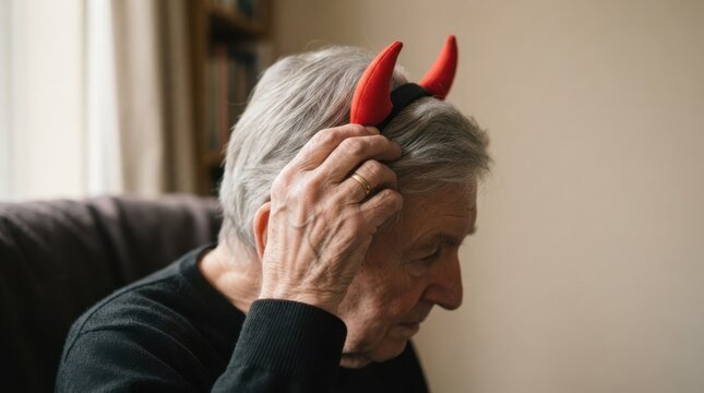Elderly man wearing red devil horns headband with a mischievous expression, symbolizing humor and Halloween fun