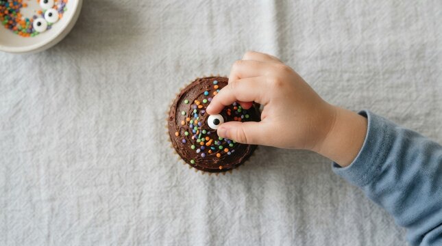 Child decorating Halloween chocolate cupcake with edible candy eyeball on table