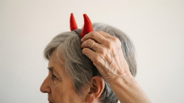 Senior woman wearing devil horns headband representing playful aging and humorous senior lifestyle concepts