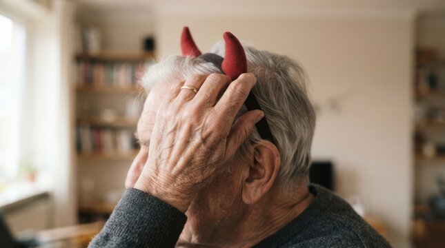 Elderly senior man wearing red devil horns headband with a hand on his head depicting mischievous playful personality