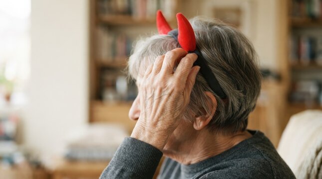 Elderly woman wearing red devil horns headband with a mischievous expression representing humor and fun