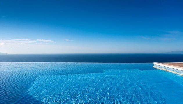 luxurious infinity pool terrace overlooks vast blue ocean under clear sky
