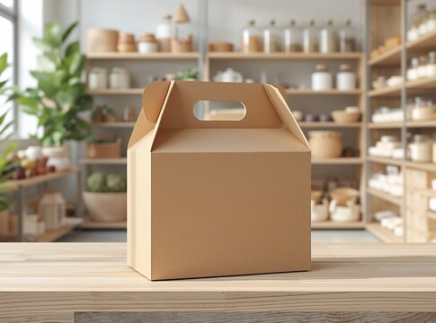 Blank brown cardboard takeout box on a wooden counter in a grocery store or bright pantry. Mockup design.