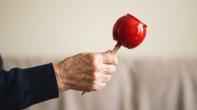 Elderly person holding a shiny red candy apple on a stick representing sweet treats and nostalgia