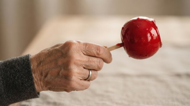 Elderly senior woman holding a shiny red candy apple on a wooden stick representing nostalgia and sweet treats