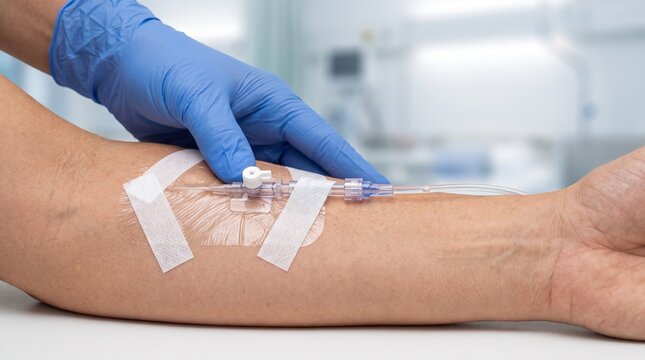 Close Up Of Nurse Adjusting Intravenous Cannula In Patient Forearm For Medical Treatment