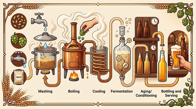 Complete beer brewing process from mashing to final serving