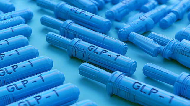 A 3D model of blue injectable pens for medication. Each pen prominently indicates the GLP-1 text, which belongs to a class of drugs engineered to mimic natural incretin hormones.